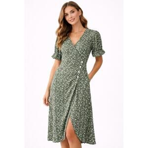 Womens Green Floral Wrap Midi Dress Puff Sleeve V Neck Boho Cottagecore Size L